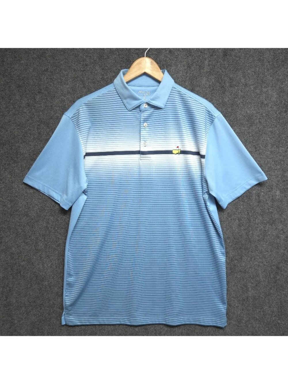 Masters Tech Shirt Mens Medium Blue Striped Performance Golf Polo Short Sleeve